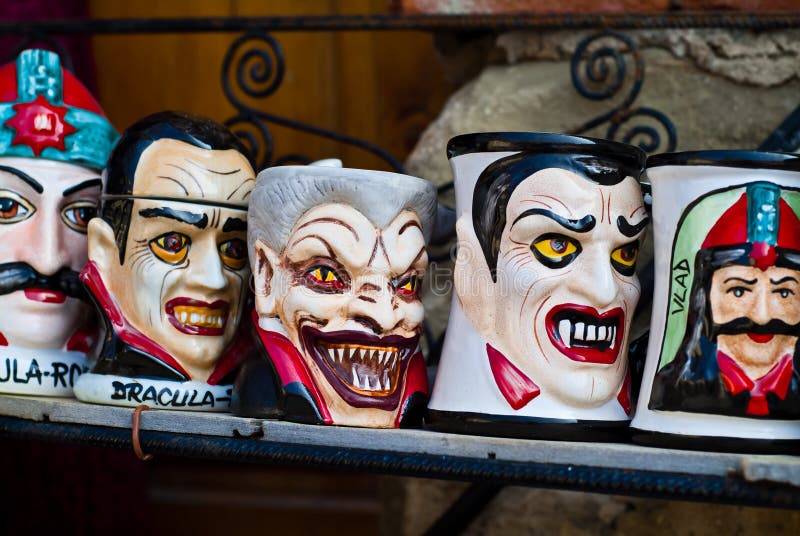 Dracula souvenir mugs. Souvenir mugs depicting Dracula and Vlad Tepes from Sighisoara, Romanian Transylvania royalty free stock image Dracula souvenir mugs. Souvenir mugs depicting Dracula and Vlad Tepes from Sighisoara, Romanian Transylvania royalty free stock image