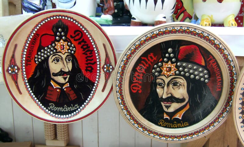 Dracula or Vlad Tepes?. Plates displayed on a market, having imprinted the Walachian king Vlad Tepes (The Impaler), whose image has been asociated with Dracula royalty free stock photo Dracula or Vlad Tepes?. Plates displayed on a market, having imprinted the Walachian king Vlad Tepes (The Impaler), whose image has been asociated with Dracula royalty free stock photo