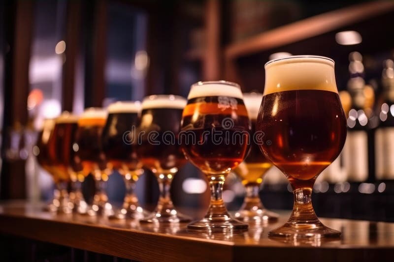 Draft Beer in Glasses on a Bar Counter Stock Image Image of counter
