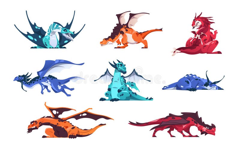  Dragón. Criaturas De Cuento De Hadas De Dibujos Animados. Conjunto De Animales Mágicos. Depredadores Mitológicos Volando Y Durmien Ilustración del Vector