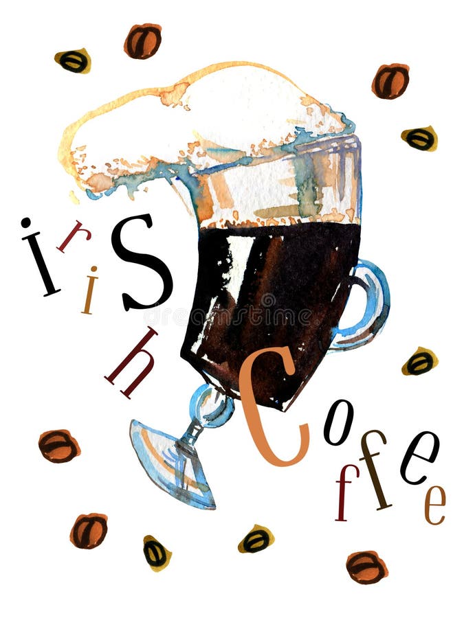 Dragen uttrycksfull illustration för vattenfärg hand med exponeringsglas av irländskt kaffe och titeln royaltyfri illustrationer