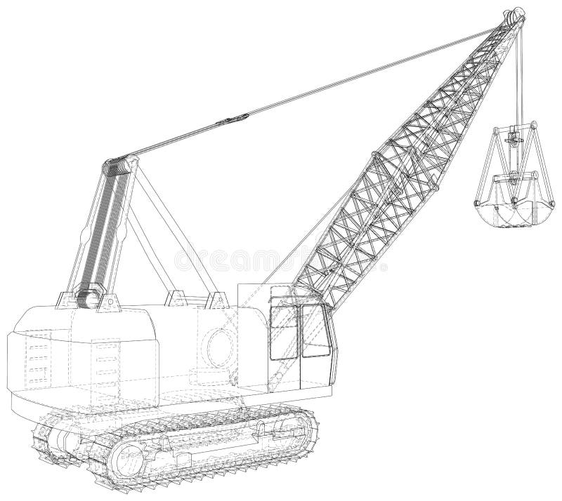 Dragline walking excavator with a ladle. Vector illustration. Vector rendering of 3d. Wire-frame style.