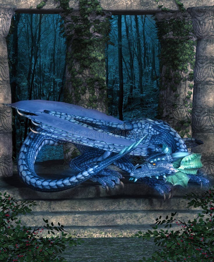 Drago blu riposato in un antico tempio royalty illustrazione gratis Drago blu riposato in un antico tempio royalty illustrazione gratis