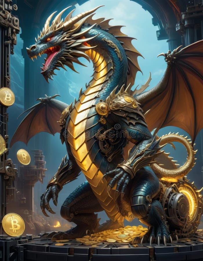 A metallic dragon perched on bitcoins amidst a steampunk setting, evoking concepts of digital currency and fantasy. AI generated. A metallic dragon perched on bitcoins amidst a steampunk setting, evoking concepts of digital currency and fantasy. AI generated