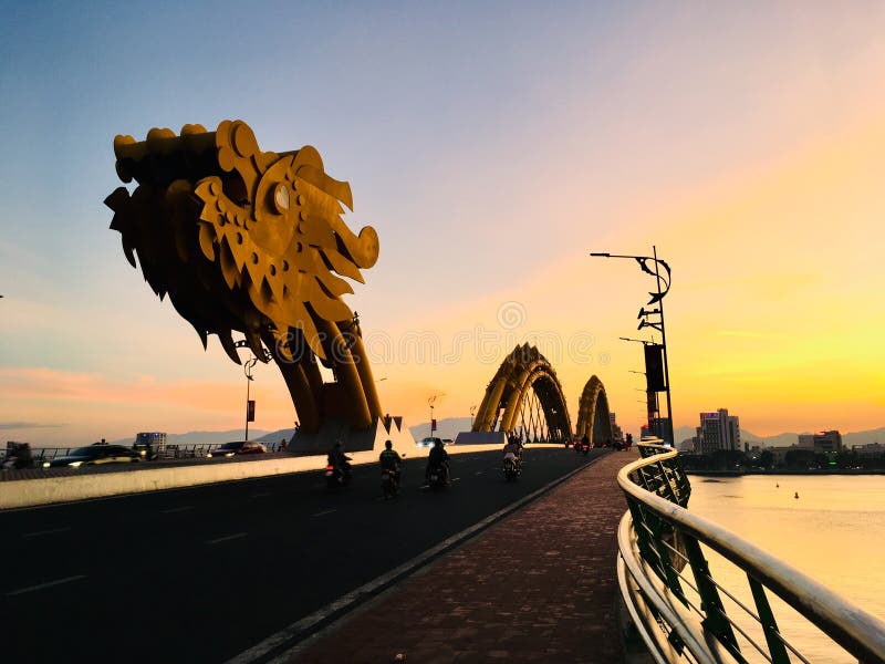 Dragon bridge landmark of Danang City, Vietnam on sunset scene royalty free stock photo Dragon bridge landmark of Danang City, Vietnam on sunset scene royalty free stock photo