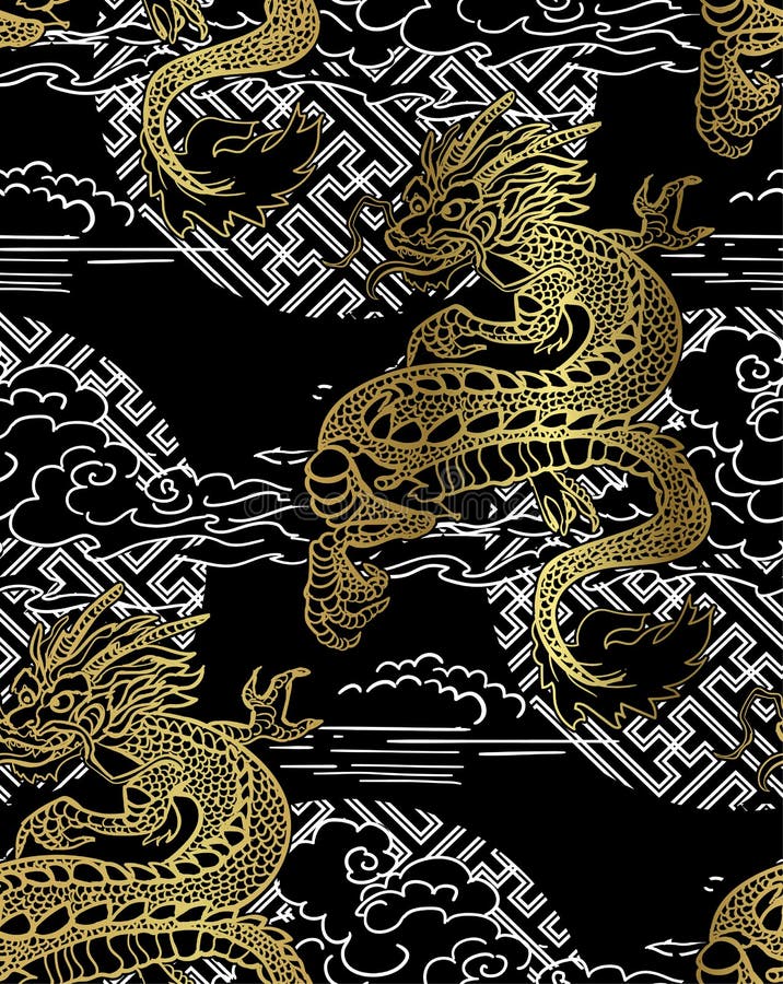 Dragon card kimono japanese chinese vector design vector japanese chinese oriental line art seamless pattern