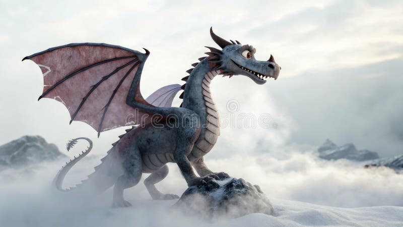 Dragon colorat stând pe o suprafață stâncoasă în mijlocul norilor și ceaței într-un peisaj fantastic în timpul zilei vector illustration