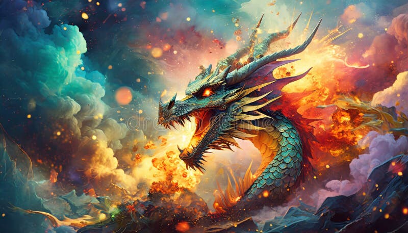 Dragon with colorful smoke and starry sky stock illustration