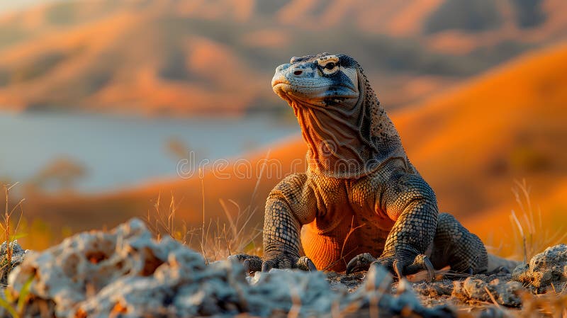 Dragon de Komodo pe teren stâncos cu fundal deluros royalty free illustration