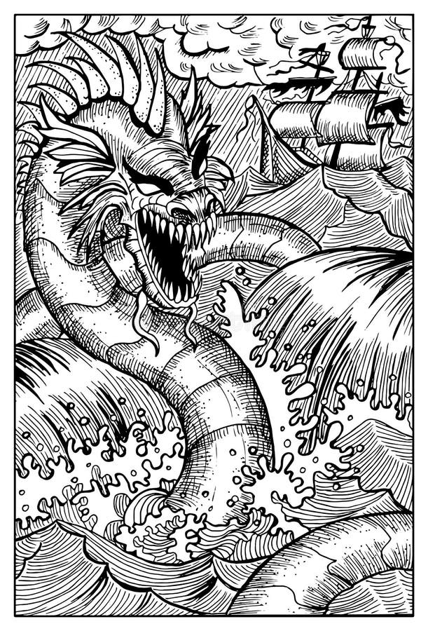 Dragon de navire géant ou de mer Illustration gravée d'imagination illustration libre de droits Dragon de navire géant ou de mer Illustration gravée d'imagination illustration libre de droits
