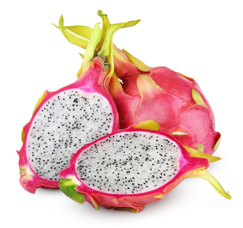 Dragon fruit or pitaya with cut on white stock photo