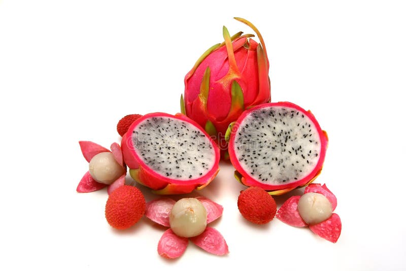 Dragon fruit and two half with open litchi