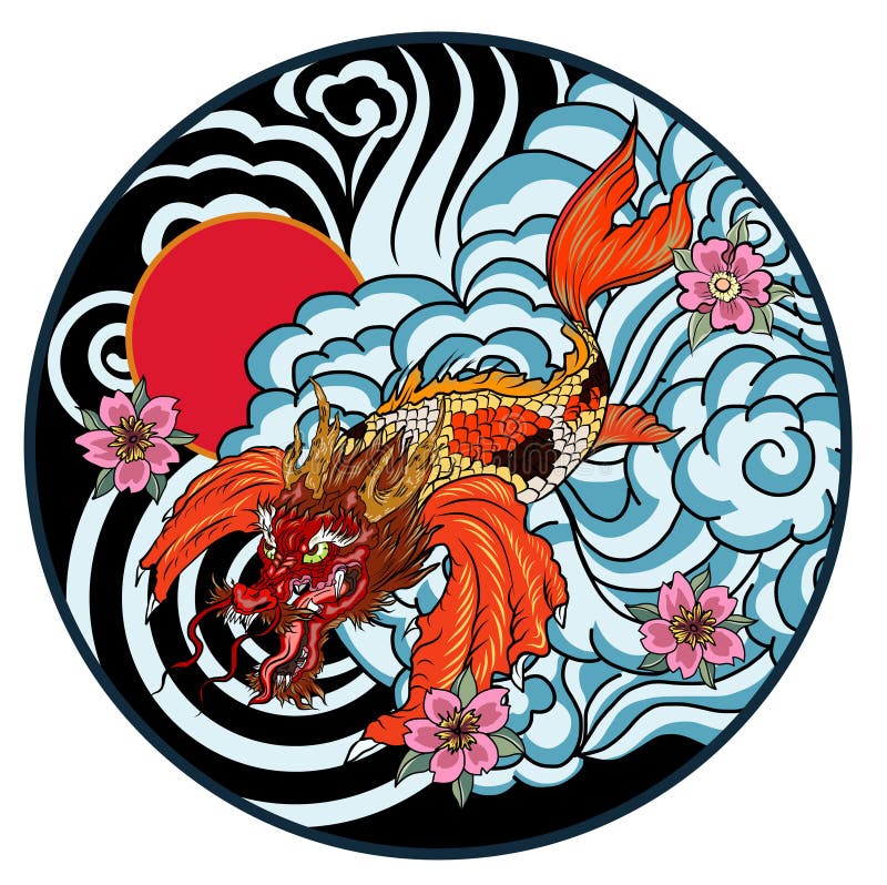 Dragon head and koi carp fish in circle design for tattoo