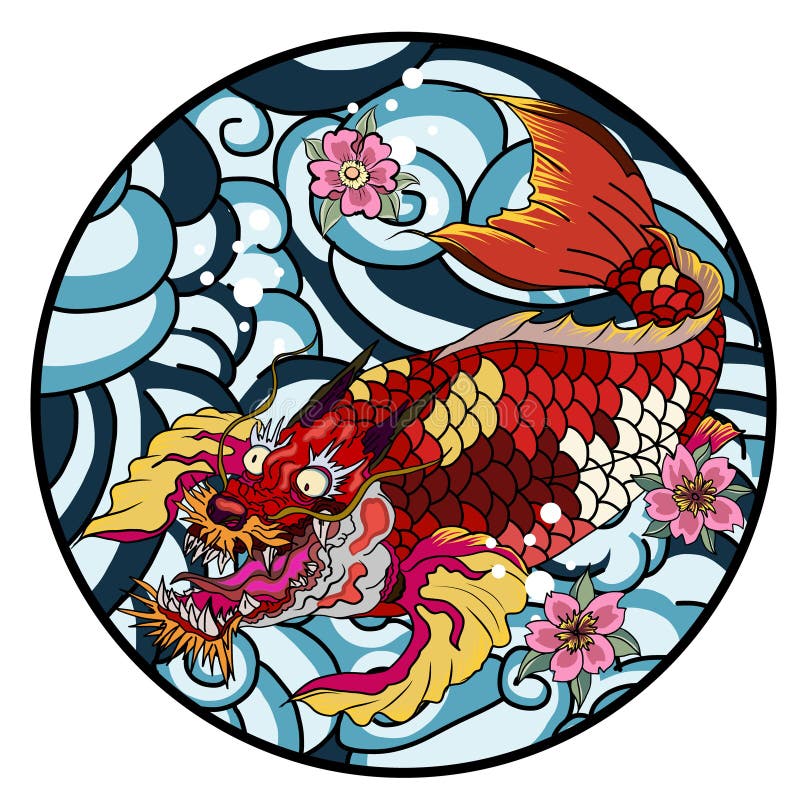 Dragon head and koi carp fish in circle design for tattoo