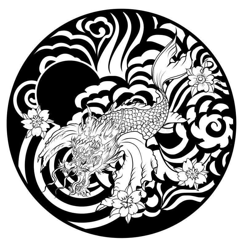 Dragon head and koi carp fish in circle design for tattoo