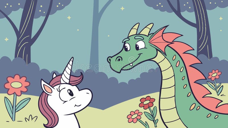 Dragon i jednorożce przyjaciele fantazje stworzenia mityczne duo bajkowy przyjaźń wektor design Generative AI. Whimsical dragon and unicorn stojący jako przyjaciele mityczne stworzenia z fantastycznych opowieści przedstawiających bajkową przyjaźń i magiczne więzi w projektowaniu wektorowym Generative AI