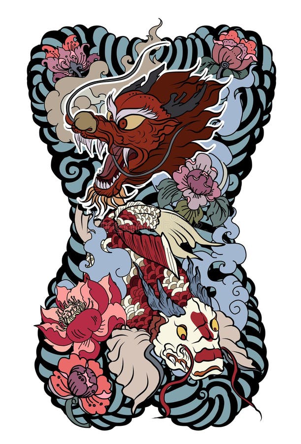 Dragon With Line Thai Wave Tattoo.Japanese Wave Vector Set And Thai ...