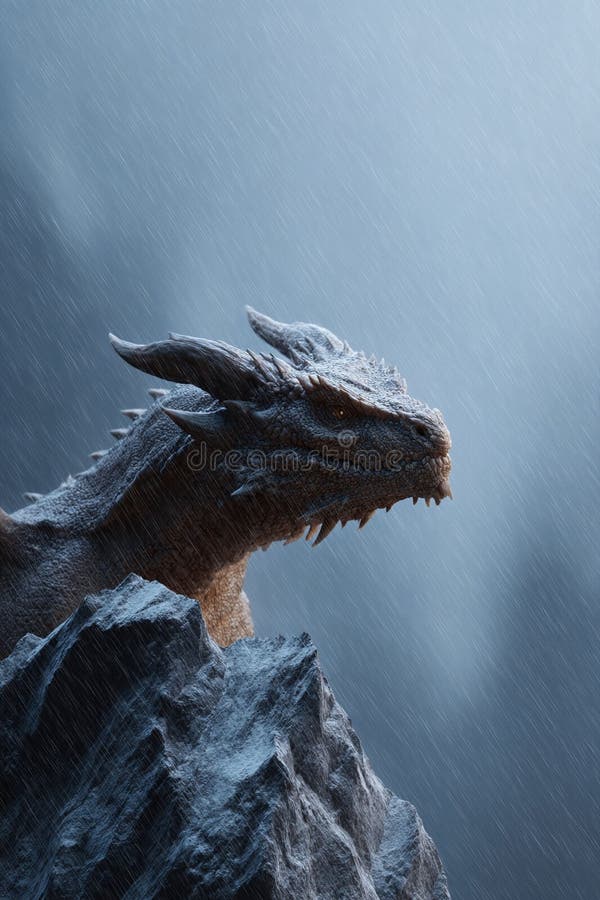 Dragon maiestuos cocoțat deasupra unui vârf stâncos în turnarea ploii. Reprezintă rezistență și fantezie. Ideal pentru coperțile d stock illustration