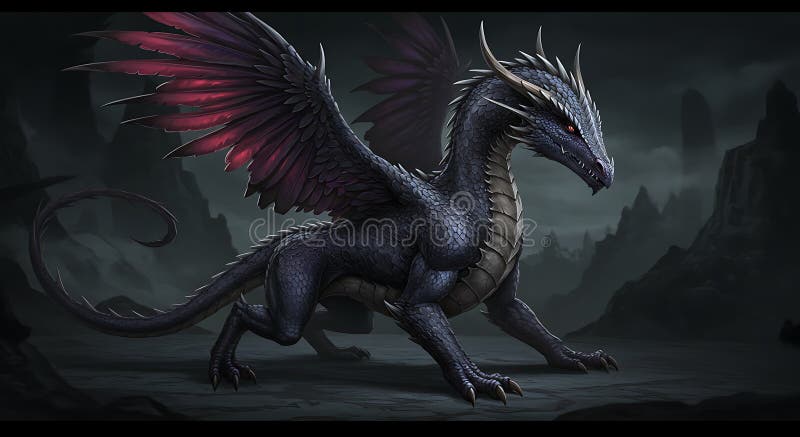 Dragon maiestuos cu piele închisă solzoasă stă elegant într-un pustiu stâncos stock illustration