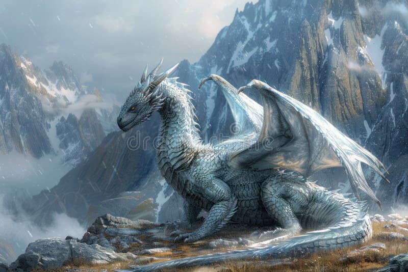 Dragon maiestuos periat pe vârful muntelui stâncos stock illustration