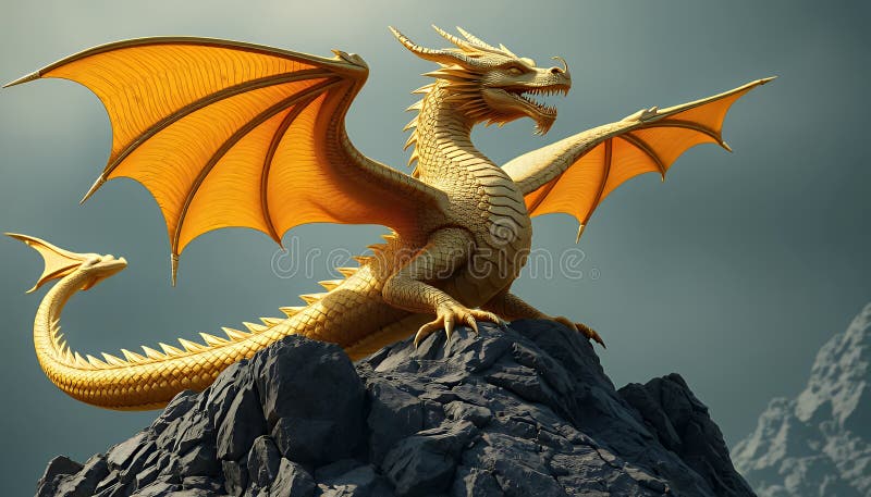 Dragon pixelat de aur odihnindu-se Atop Rocky Mountain Sub Conceptul dramatic Sky Fantasy royalty free illustration