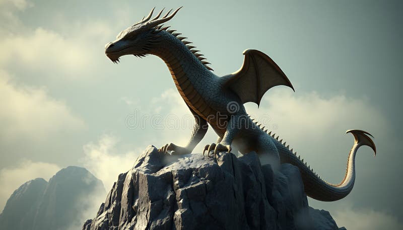 Dragon pixelat digital cocoțat pe vârful Rocky Mountain Peak sub cer noros fantezie scenă vector illustration