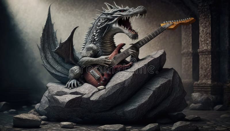 Dragon Playing Guitar in a Rock Band. Generative AI