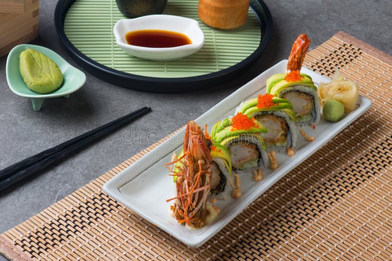 Dragon Roll King Prawn Sushi Stock Image Image of delicacy, green