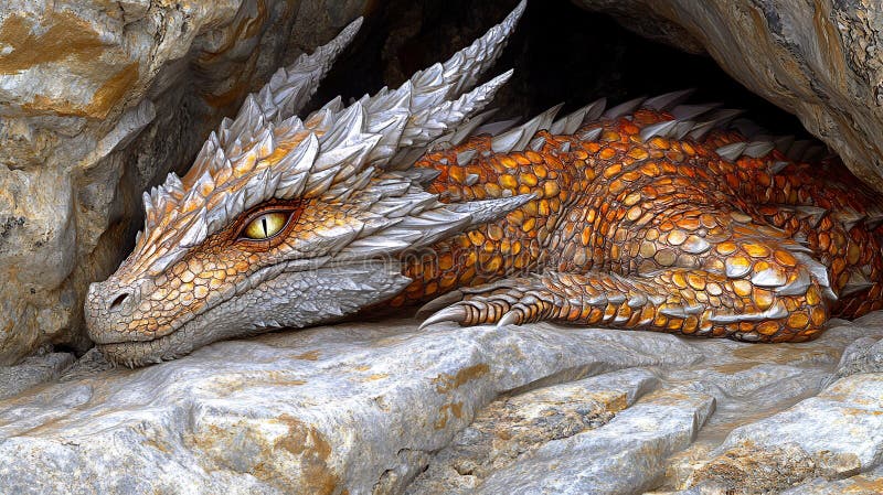 Dragon scalat portocaliu se odihnește într-o peșteră stâncoasă royalty free illustration