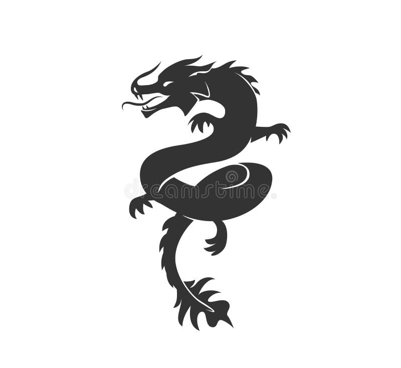 Dragon silhouette vector illustration. Black and white asian chinese traditional animal logo. Isolated on white