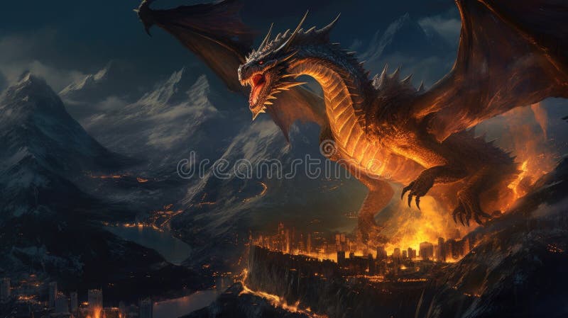 Un dragon scuipă foc pe un munte stâncos înalt noaptea. ai generativ vector illustration