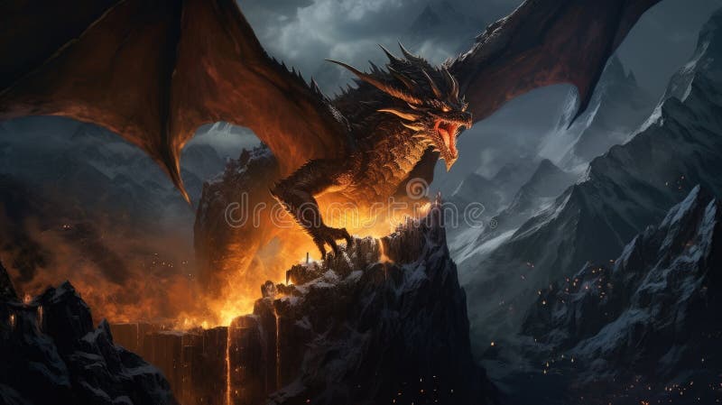 Un dragon scuipă foc pe un munte stâncos înalt noaptea. ai generativ stock illustration