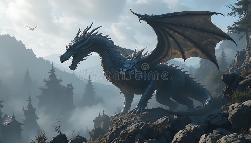 Dragon stând pe Rocky Peak Overlook Misty Forest Peisaj royalty free illustration