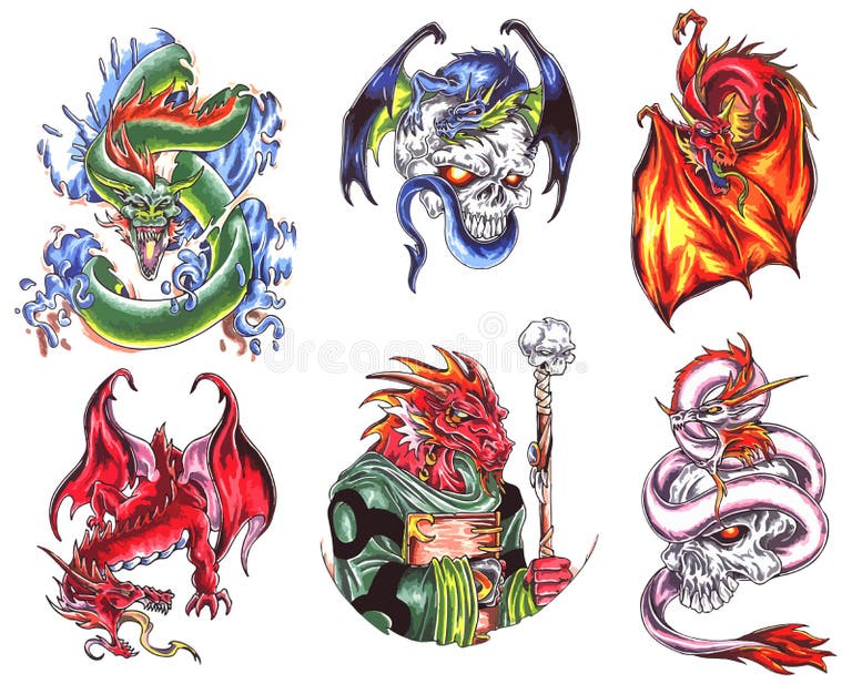 Dragon Tattoo Flash Set. Set of Labels and Elements. Vector Set ...