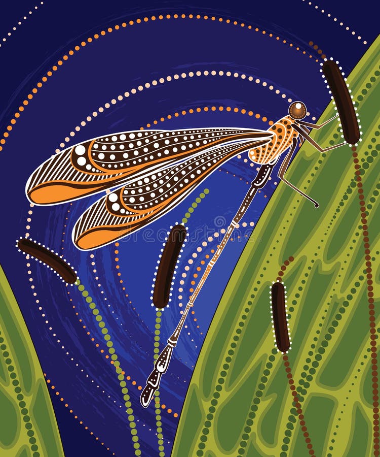 Dragonfly on cattails aboriginal art vector painting