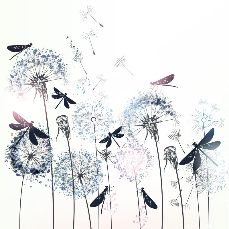 Elegant vector illustration with dandelions and dragonflies