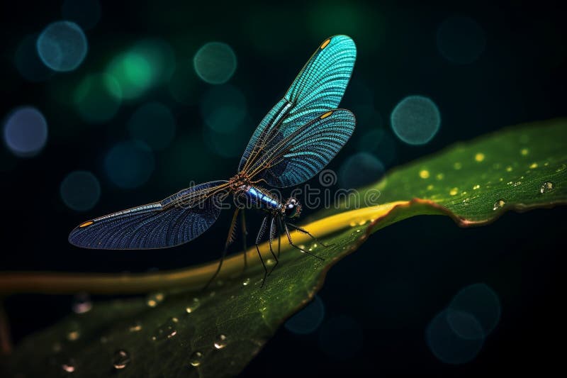 Generative AI : Dragonfly on leaf of plant with drop of morning dew in nature outdoors in sunlight closeup toning in blue Amazing excellent artistic image of beauty and harmony of. Generative AI : Dragonfly on leaf of plant with drop of morning dew in nature outdoors in sunlight closeup toning in blue Amazing excellent artistic image of beauty and harmony of