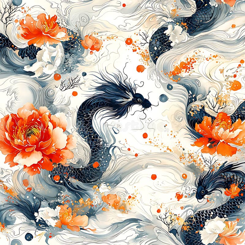 Dragoni artistici și bujori în design de apă rotativă O ilustrație cu dragoni eleganți în mijlocul unei acuarele curgătoare royalty free illustration