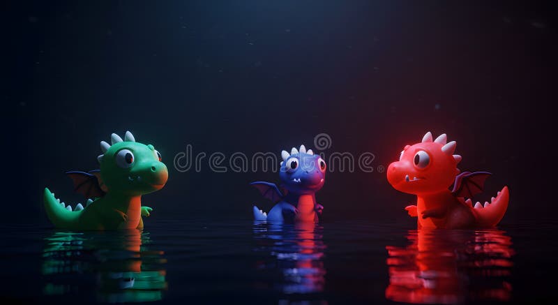 Dragoni drăguți plutind pe apă cu reflecții vibrante în mediu închis stock illustration