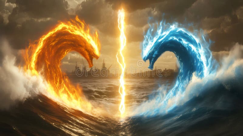 Dragonii Focului și Apei se ciocnesc în Bătălia Epică a Oceanului vector illustration