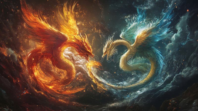 Dragonii Focului și Apei se ciocnesc în Tărâmul Cosmic vector illustration
