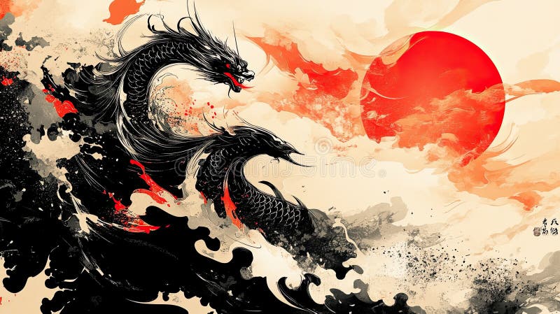 Dragonii Negri Maiestuoși Care Se Înălță Prin Pictura Digitală Artistică A Norilor De Apus Crimson stock illustration