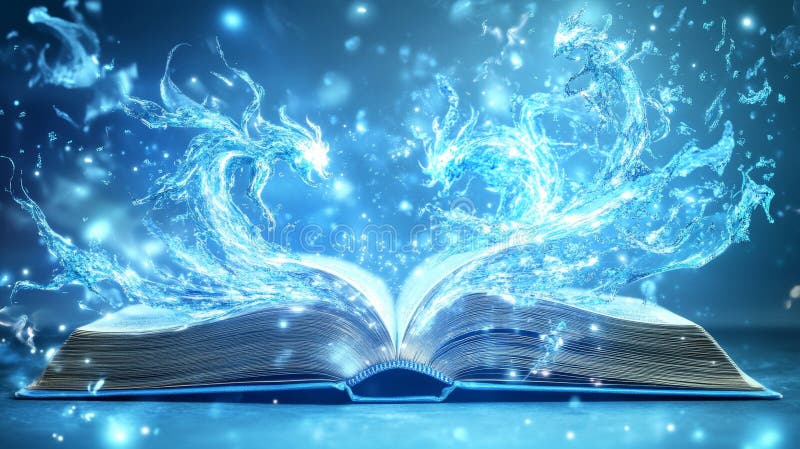 Dragonii Open Book Water și Magic Splash pe un fond albastru Dreamy vector illustration