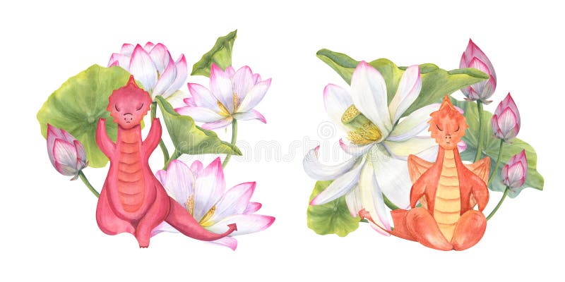 Dragoni meditând printre pălării înfloritoare. exerciții de yoga pentru animale. frunze de floare de lotus realiste și desene anim vector illustration