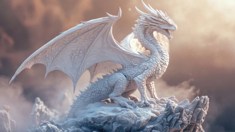 Dragonul alb maiestuos pe stânci stâncoase în atmosfera mistică mistică royalty free illustration