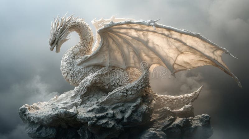 Dragonul alb maiestuos, periat pe stânci stâncoase în atmosferă pufoasă stock illustration