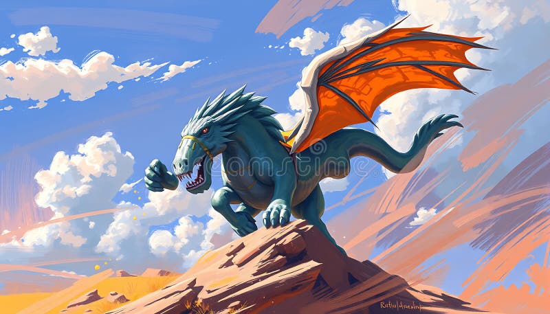 Dragonul albastru de artă fantezie a pătruns pe stânca stâncoasă și stâncoasă... Creatura mitică Stock Photo Generative AI stock illustration