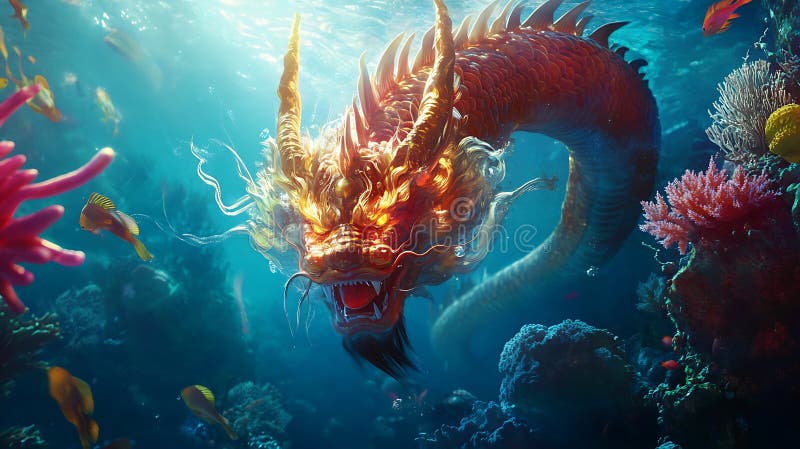 Dragonul de mare maiestuos, cu un corp vibrant, scalabil, și cu o coama de foc alunecă printr-un royalty free illustration