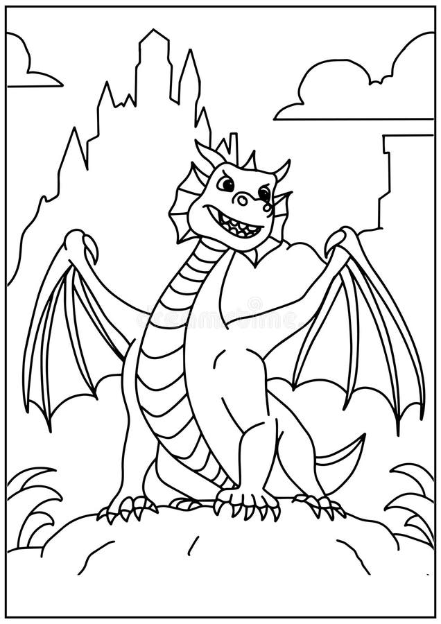Dragonul de pagină colorat a unei cărți a pătruns peste o decupare stâncoasă cu un castel la distanță vector illustration
