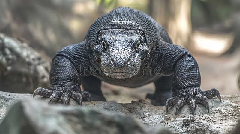 Dragonul Komodo puternic, cu solzi robuști și cu ochii pierzători pe pământ stâncos. stock illustration